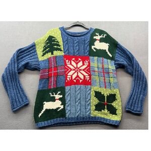 VTG Liz Claiborne Christmas Sweater Womens L Patchwork Reindeer Tree Snowflake